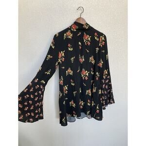 Free People Womens Black Mini Floral Long Bell Sleeve Dress Tie Neck Size XS